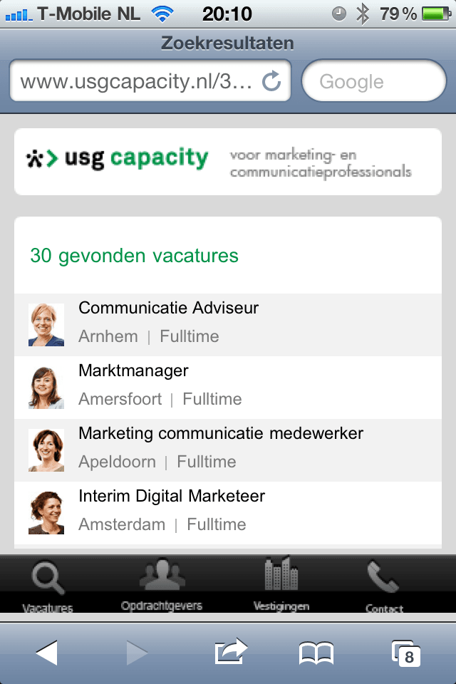Screenshot van m-site USG Capacity