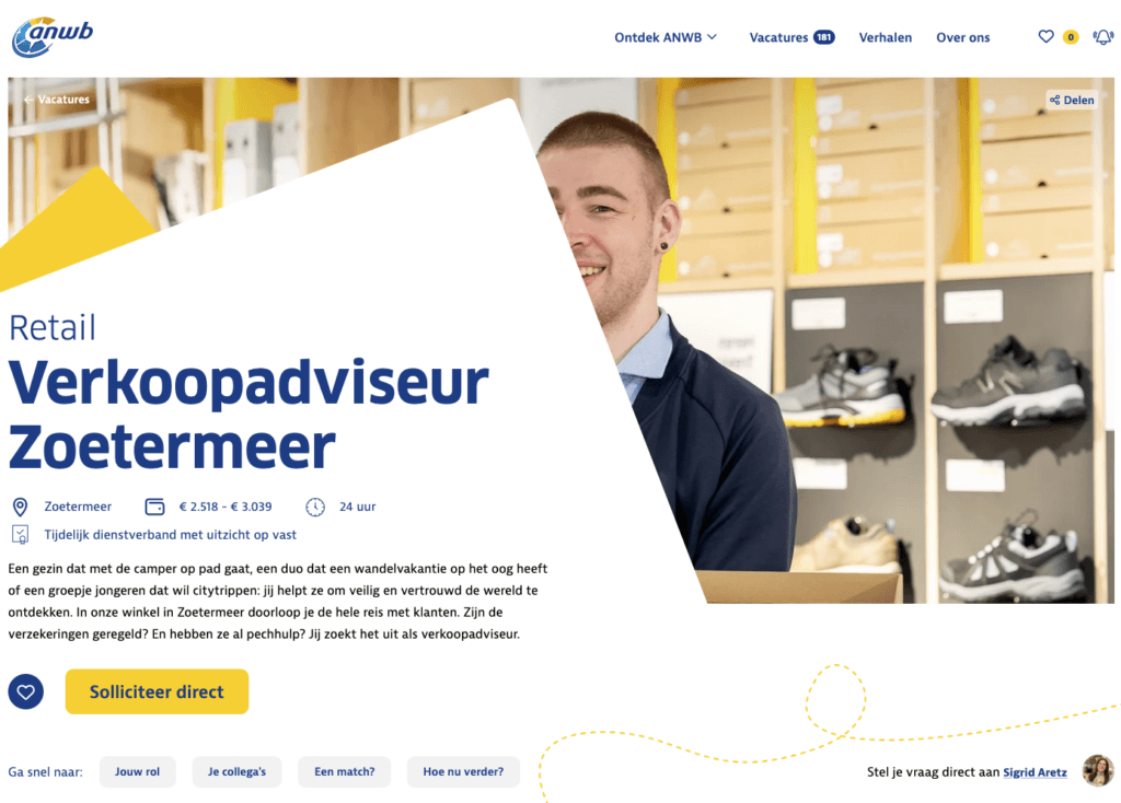 Een vacaturepagina op de ANWB carrieresite die gericht is op conversie