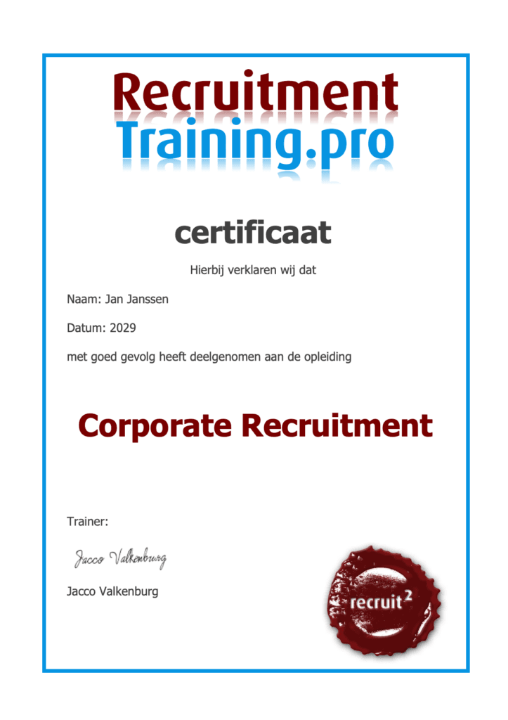 RecruitmentTraining.pro certificaat van deelname Opleiding Corporate Recruitment