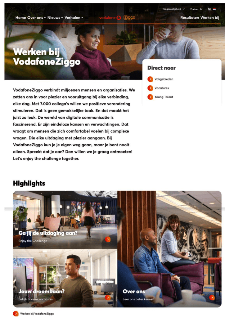 De award-winning Werkenbij-site van VodafoneZiggo met levendige vacatures en veel content inclusief foto's, video en verhalen
