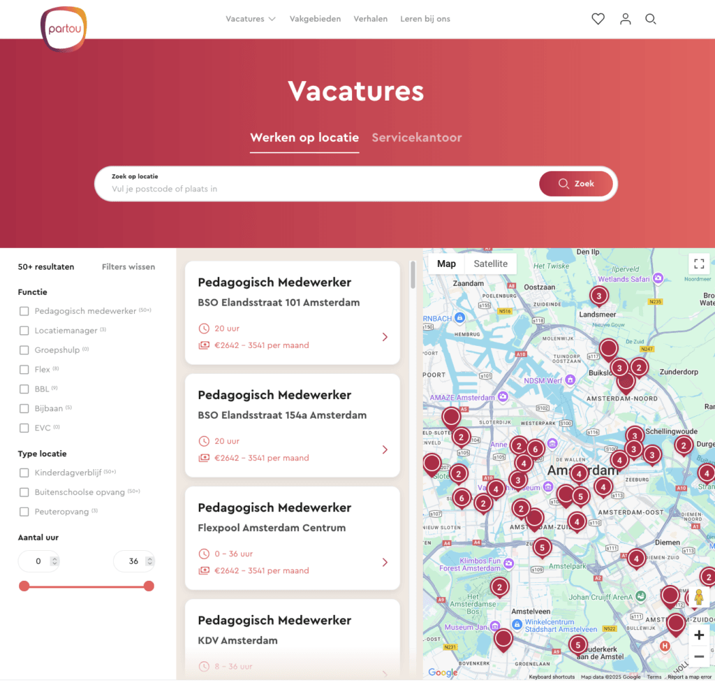 De Werkenbij-site van Partou Kinderopvang gebruikt een combinatie van zoekfilters en vacatures in een kaart