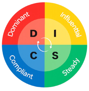 Diagram met DISC profiel kleuren rood, geel, blauw en groen