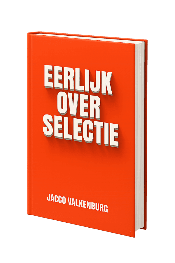 3D mock-up van het Boek 'Eerlijk over selectie' door Jacco Valkenburg. Titel op rode achtergrond met witte typografie