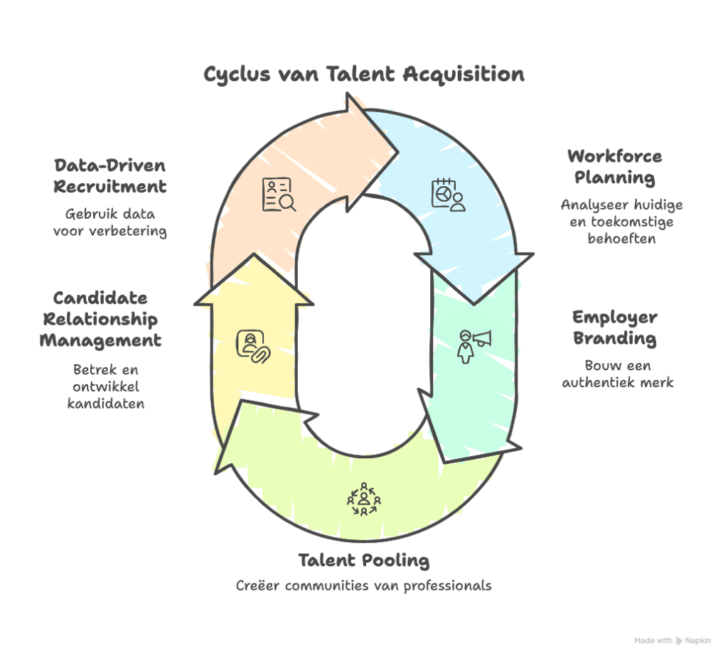 Diagram van de talent acquisition cyclus met 5 fasen: Workforce Planning, Employer Branding, Talent Pooling, Candidate Relationship Management en Data-Driven Recruitment, verbonden door pijlen in een cirkel.