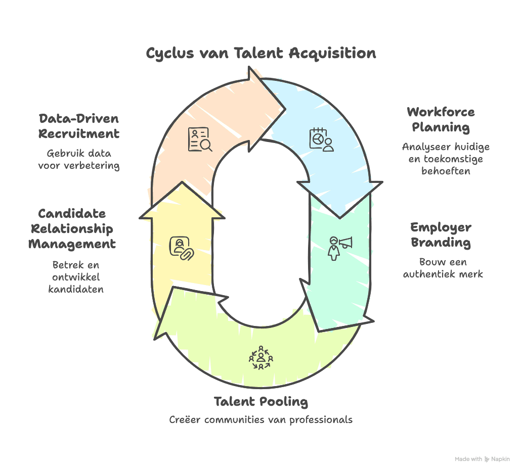 Diagram van de talent acquisition cyclus met 5 fasen: Workforce Planning, Employer Branding, Talent Pooling, Candidate Relationship Management en Data-Driven Recruitment, verbonden door pijlen in een cirkel.