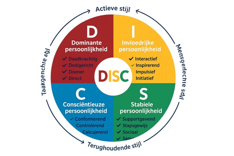 DISC test model met Dominant, Invloedrijk, Stabiel en Consciëntieus
