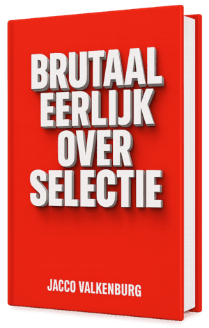 3D mock-up van het Boek 'Brutaal eerlijk over selectie' door Jacco Valkenburg. Titel op rode achtergrond met witte typografie