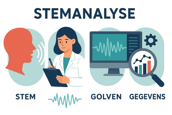 Infographic over stemanalyse met illustraties van een sprekend persoon, een onderzoeker met klembord, een computerscherm met geluidsgolven en een vergrootglas met grafieken, met de tekst 'STEMANALYSE - STEM - GOLVEN - GEGEVENS