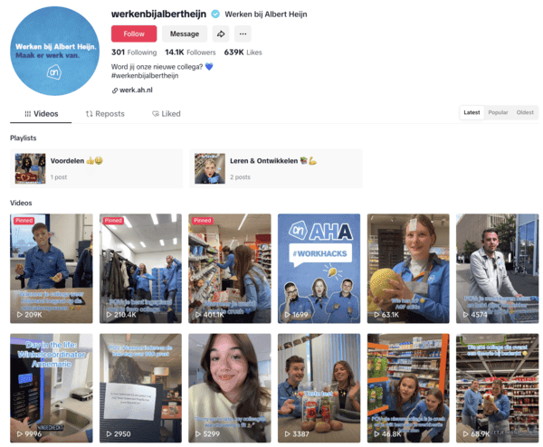 Werken bij Albert Heijn TikTok-account (@werkenbijalberttheijn) toont medewerkers in verschillende functies zoals vakkenvullers en kassamedewerkers met 639K likes